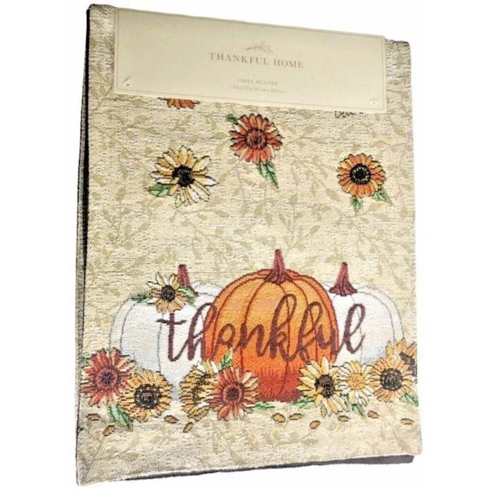 Thanksgiving Table Runner Tapestry Thankful Pumpkin Sunflower Leaves 13x72 Fall